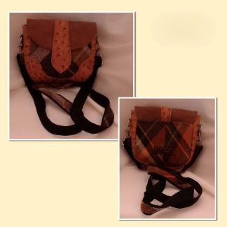 JR: RUSTY BROWN DOLLY BAG WITH FAUX LEATHER INSERTS